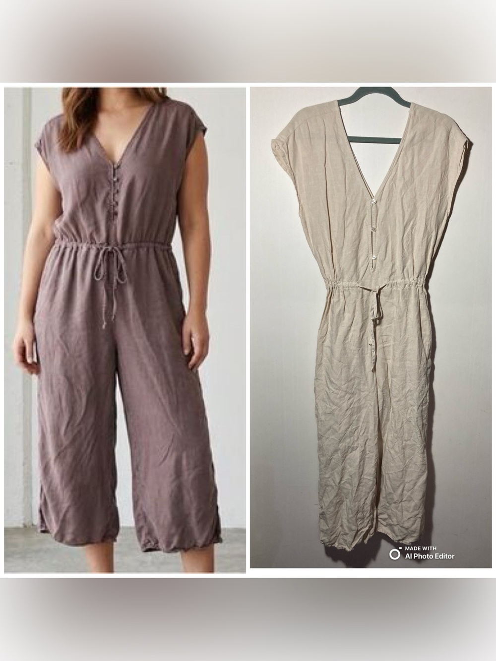 Cloth & Stone Linen Wide-Leg Crop Jumpsuit Cap Sleeves Pockets Size Small
